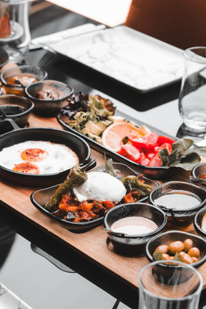 A vibrant breakfast spread with colorful ingredientsの写真素材