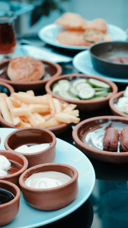 A bright and cheerful breakfast spread on a tableの写真素材