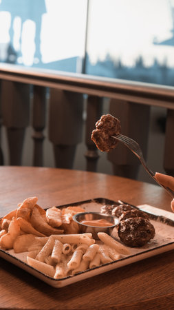 Delicious meatballs with french friesの写真素材