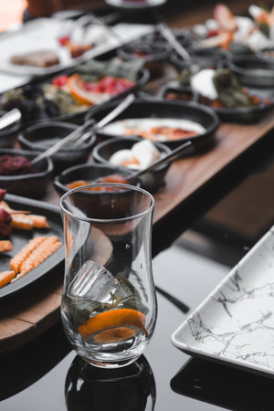 Traditional Turkish breakfast with fresh ingredientsの写真素材