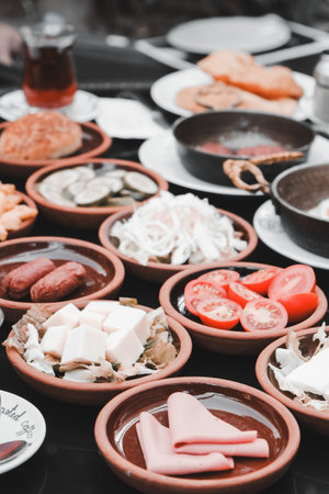 A vibrant breakfast spread with colorful ingredientsの写真素材