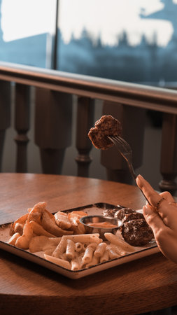 Delicious meatballs with french friesの写真素材