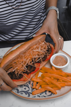 Delicious meat sandwich on the tableの写真素材