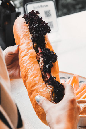 Delicious meat sandwich on the tableの写真素材