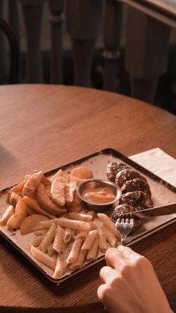 Delicious meatballs with french fries
