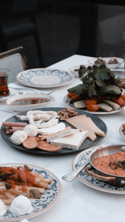 Colorful Turkish breakfast spread with regional specialtiesの写真素材
