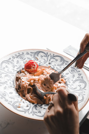 Tasty appetizing classic Italian pasta with a delicious sauce.の写真素材