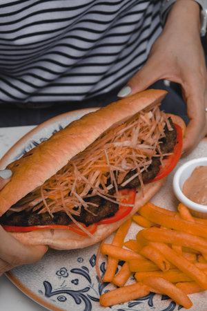 Delicious meat sandwich on the tableの写真素材