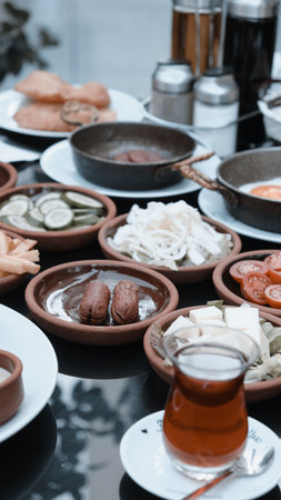 Traditional Turkish breakfast with fresh ingredientsの写真素材
