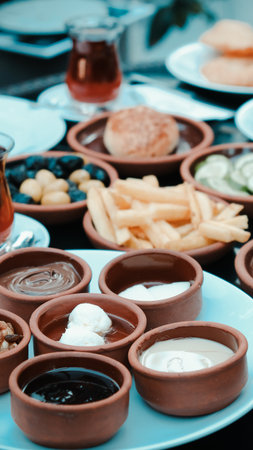 A vibrant breakfast spread with colorful ingredientsの写真素材