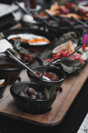 A bright and cheerful breakfast spread on a tableの写真素材