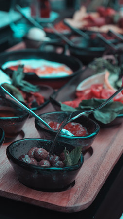Colorful Turkish breakfast spread with regional specialtiesの写真素材
