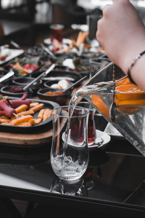 A bright and cheerful breakfast spread on a tableの写真素材