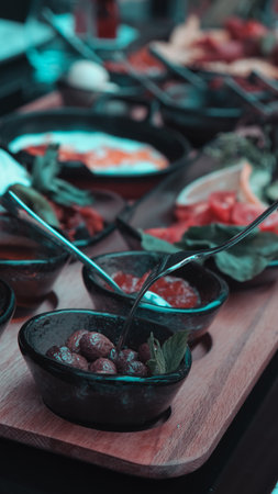 Traditional Turkish breakfast with fresh ingredientsの写真素材