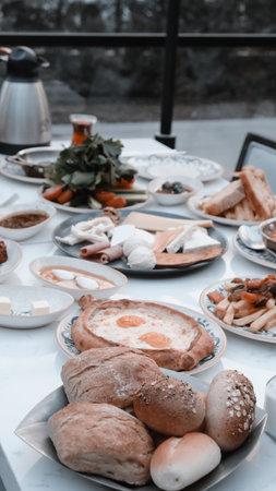 Fresh and vibrant ingredients for a delicious breakfastの写真素材