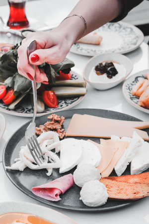 A vibrant breakfast spread with colorful ingredientsの写真素材