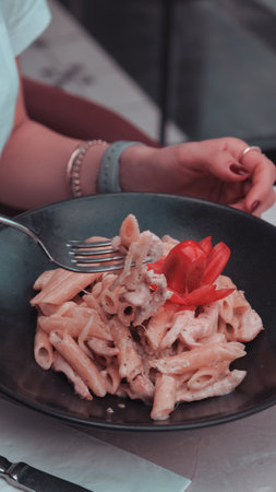 Tasty appetizing classic Italian pasta with a delicious sauce.の写真素材