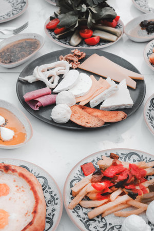 Fresh and vibrant ingredients for a delicious breakfastの写真素材