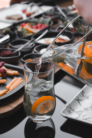 Traditional Turkish breakfast with fresh ingredientsの写真素材