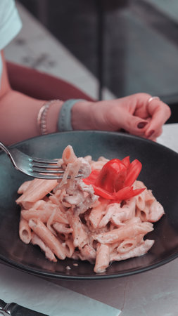 Tasty appetizing classic Italian pasta with a delicious sauce.の写真素材