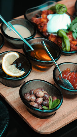 Traditional Turkish breakfast with fresh ingredientsの写真素材