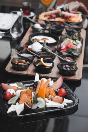 A vibrant breakfast spread with colorful ingredientsの写真素材