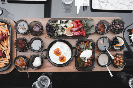 Traditional Turkish breakfast with fresh ingredientsの写真素材