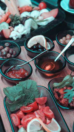 Fresh fruits and healthy foods for a morning mealの写真素材