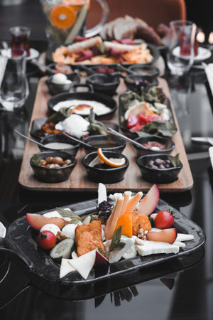 Colorful Turkish breakfast spread with regional specialties