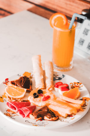 Fresh fruits and healthy foods for a morning mealの写真素材