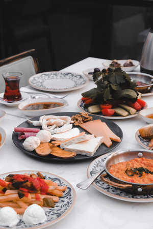Traditional Turkish breakfast with fresh ingredientsの写真素材