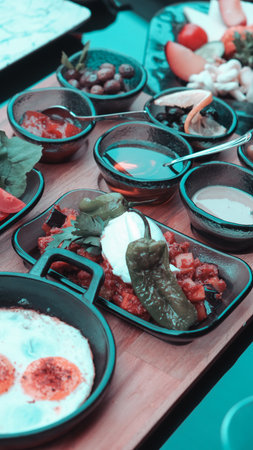 Fresh and vibrant ingredients for a delicious breakfastの写真素材