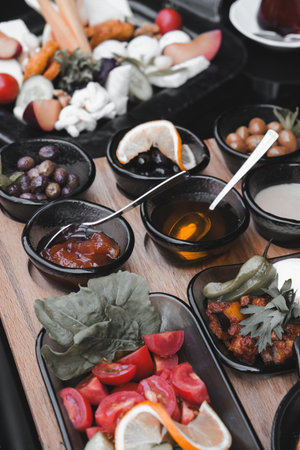 A vibrant breakfast spread with colorful ingredientsの写真素材