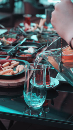 Colorful Turkish breakfast spread with regional specialtiesの写真素材