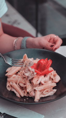 Tasty appetizing classic Italian pasta with a delicious sauce.の写真素材