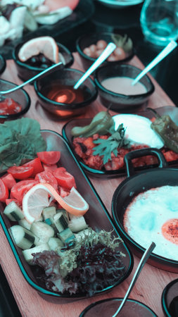 Colorful Turkish breakfast spread with regional specialtiesの写真素材