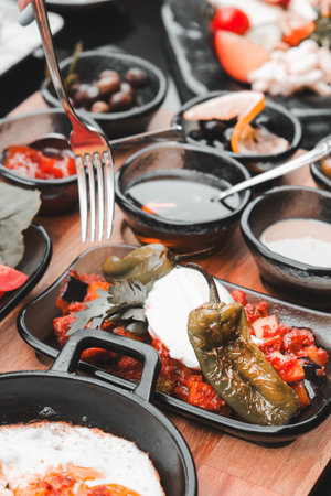 Colorful Turkish breakfast spread with regional specialtiesの写真素材