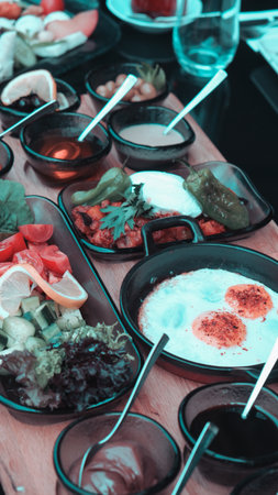 A bright and cheerful breakfast spread on a tableの写真素材