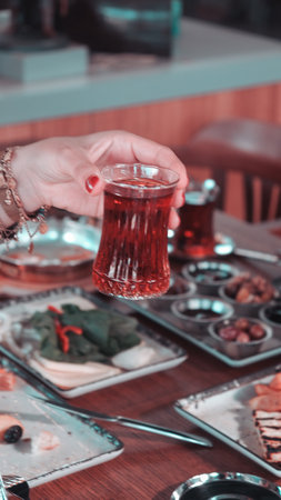 Traditional Turkish breakfast with fresh ingredientsの写真素材