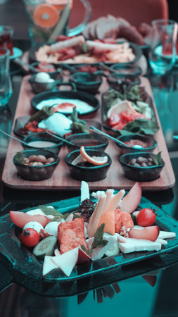 Traditional Turkish breakfast with fresh ingredientsの写真素材