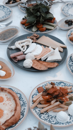 Close-up of a delicious homemade breakfast spreadの写真素材