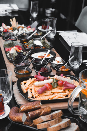 Traditional Turkish breakfast with fresh ingredientsの写真素材