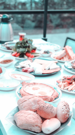 Traditional Turkish breakfast with fresh ingredientsの写真素材