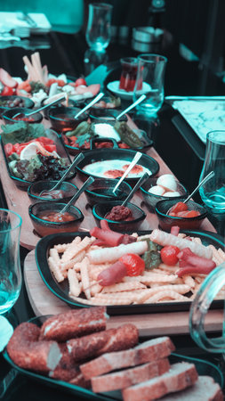 Fresh fruits and healthy foods for a morning mealの写真素材