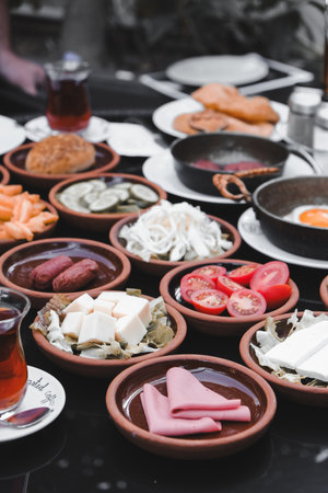Close-up of a delicious homemade breakfast spreadの写真素材