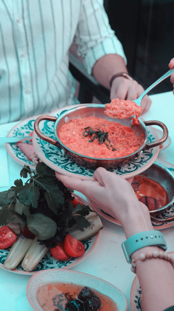 Colorful Turkish breakfast spread with regional specialtiesの写真素材
