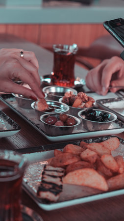 Colorful Turkish breakfast spread with regional specialtiesの写真素材