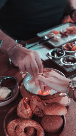 Colorful Turkish breakfast spread with regional specialtiesの写真素材