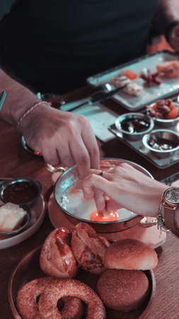 Traditional Turkish breakfast with fresh ingredientsの写真素材