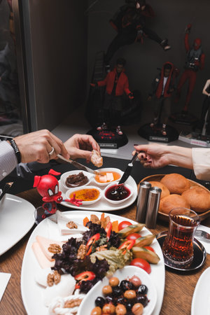 Traditional Turkish breakfast with fresh ingredientsの写真素材